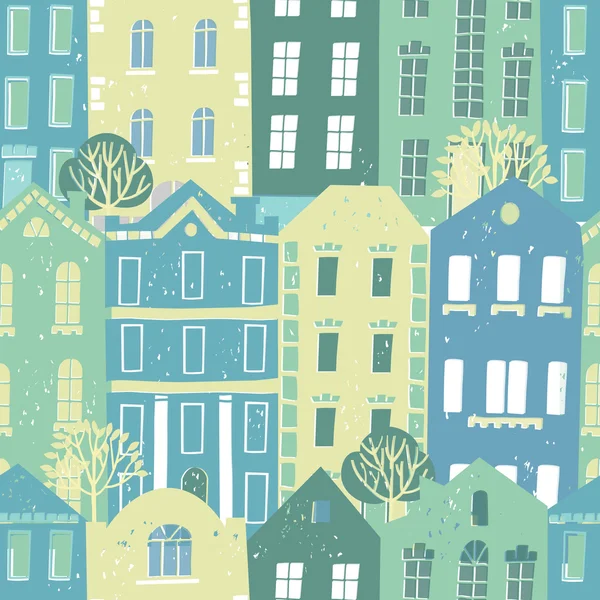 Hand drawn seamless pattern with colorful houses