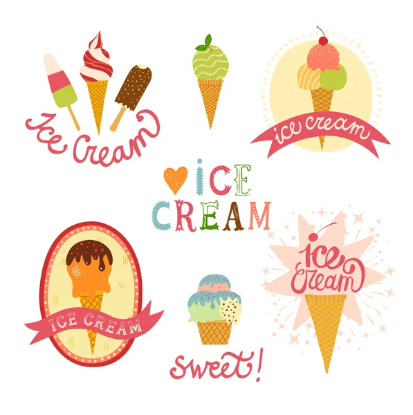 Hand drawn ice cream emblems set — Stock Vector