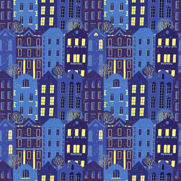 Elle çizilmiş Dikişsiz desen renkli evleri ile — Stok Vektör