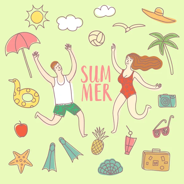 Vacaciones de verano doodle ilustraciones conjunto y par — Vector de stock