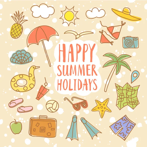 Gambar corat-coret liburan musim panas penuh warna - Stok Vektor