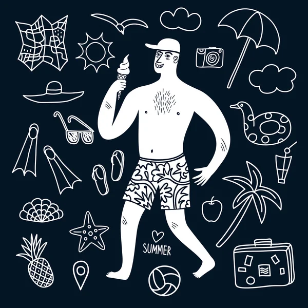 Summer vacation man and doodle illustrations set — Stock vektor