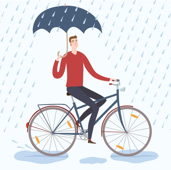 Homem da cidade ciclista sob o vetor de chuva ilustração —  Vetores de Stock