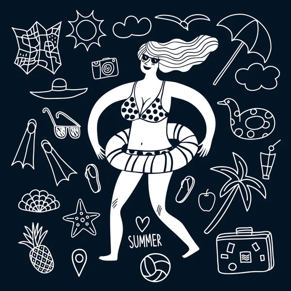 Zomer vakantie vrouw en doodle illustraties instellen — Stockvector