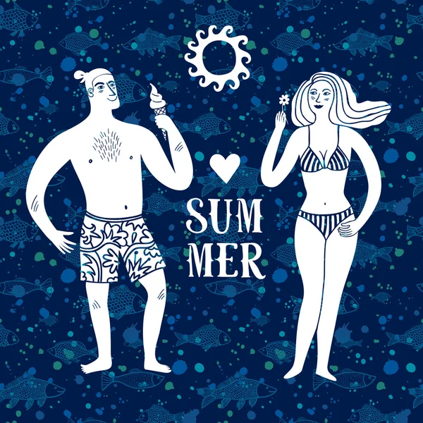 Desenhos animados do mar ilustração com homem e mulher em férias — Vetor de Stock