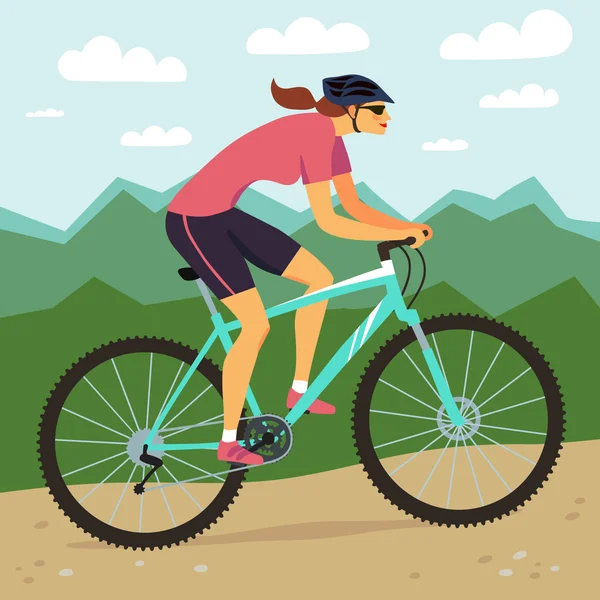 Mujer de montaña rápida ciclista y paisaje de montaña . — Vector de stock