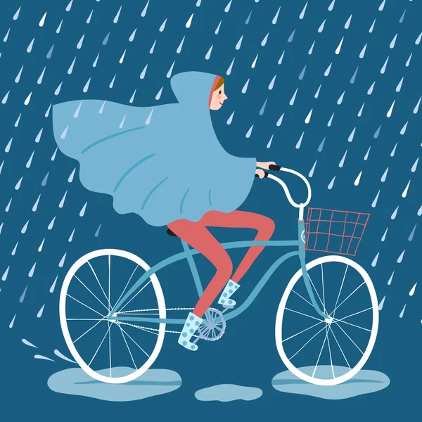 Cute girl cyclist under the rain vector illustration — Stock Vector