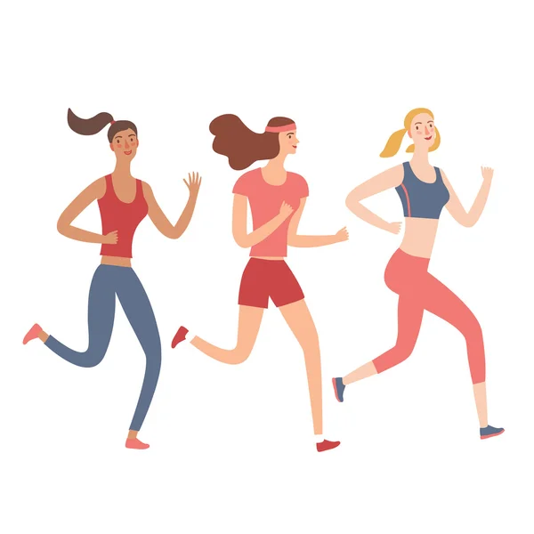 Conjunto de tres dibujos animados animadas chicas corriendo — Vector de stock