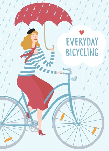 Elegante ciclista mujer bajo el vector de lluvia ilustración — Vector de stock