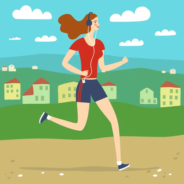 Cute girl runner on landscape background. — Stock Vector