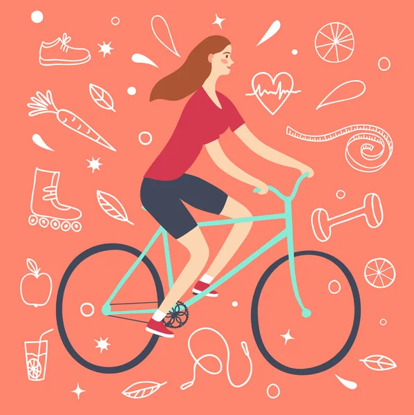 Cartoon girl riding a bicycle. — Stock Vector