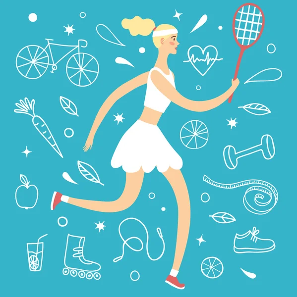 Menina dos desenhos animados jogando tênis . — Vetor de Stock