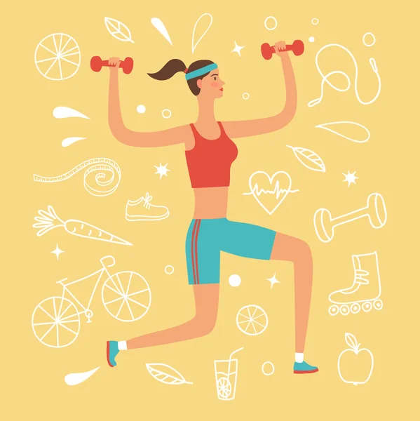 Cartoon girl doing exercise with weights. — Stock Vector