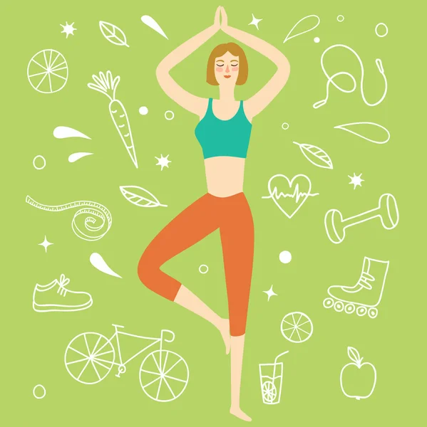 Chica de dibujos animados haciendo ejercicio de yoga . — Vector de stock