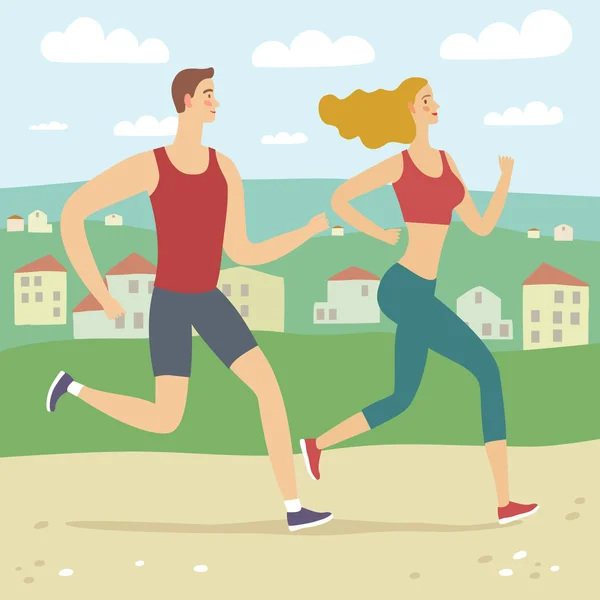 Correr hombre y mujer en el fondo del paisaje — Vector de stock