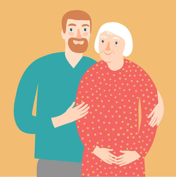 Oude dame en jonge man. Familie illustratie — Stockvector