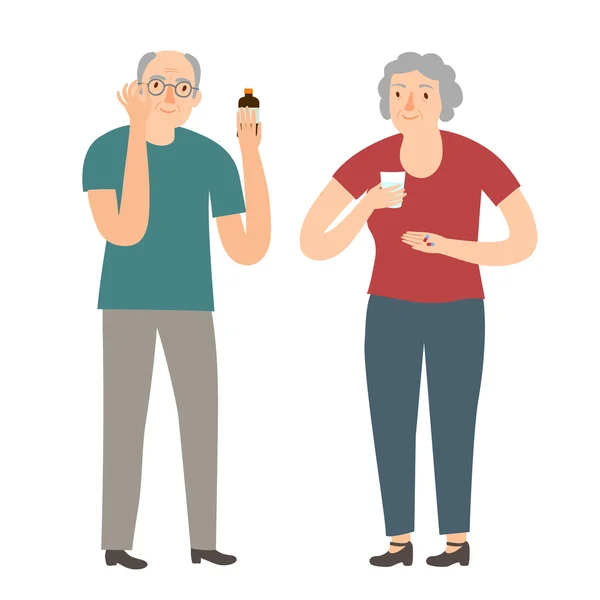 Viejo y mujer tomando píldoras — Vector de stock