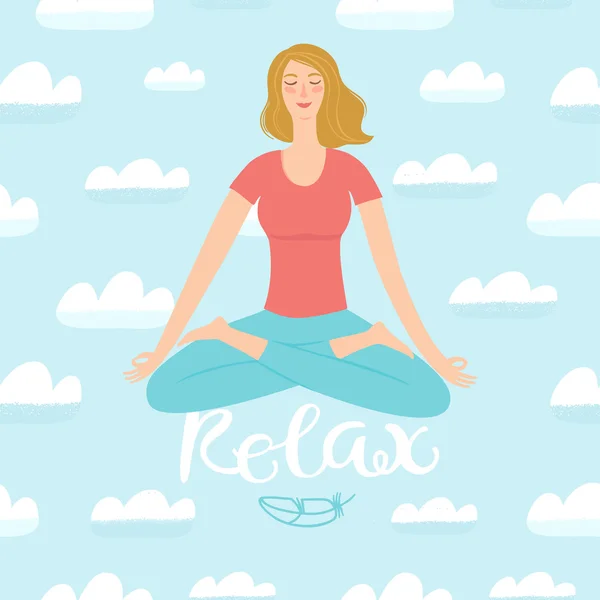 Cartoon meisje vliegen in de lucht in yoga pose — Stockvector