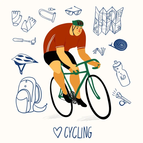 Tävlingscyklist med utrustning — Stock vektor