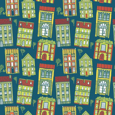 Elle çizilmiş Dikişsiz desen renkli evleri ile
