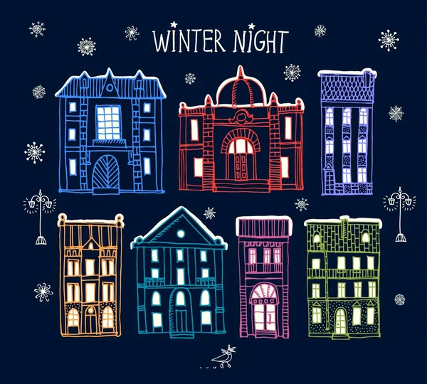 Hand getrokken nacht winter stad — Stockvector