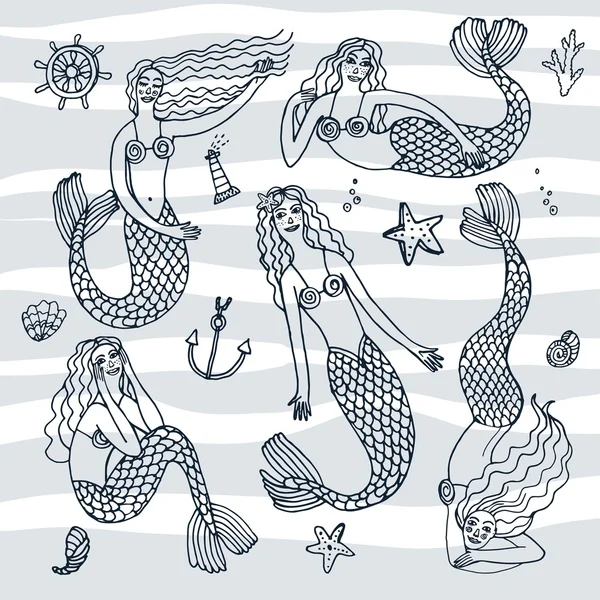 Hand drawn mermaids — Stock Vector