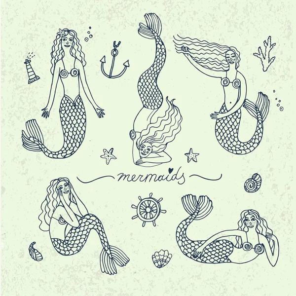Handgezeichnete Meerjungfrauen — Stockvektor