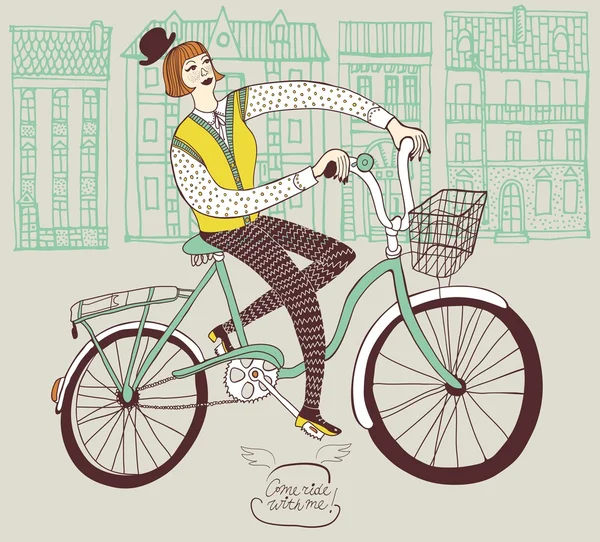 Retro cyclist in town — Stock Vector