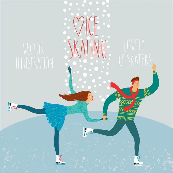 Cartoon patineurs sur glace garçon et fille affiche — Image vectorielle