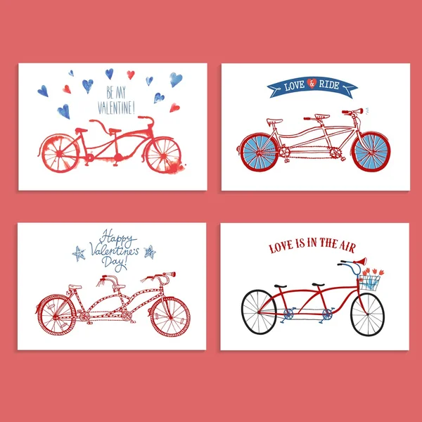 Tandem bicycle postcards set about love — Stock Vector