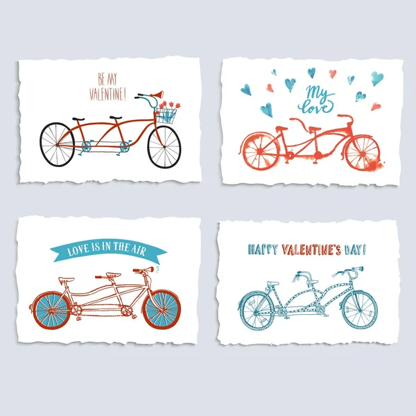 Tandem bicycle postcards set about love — Stock Vector