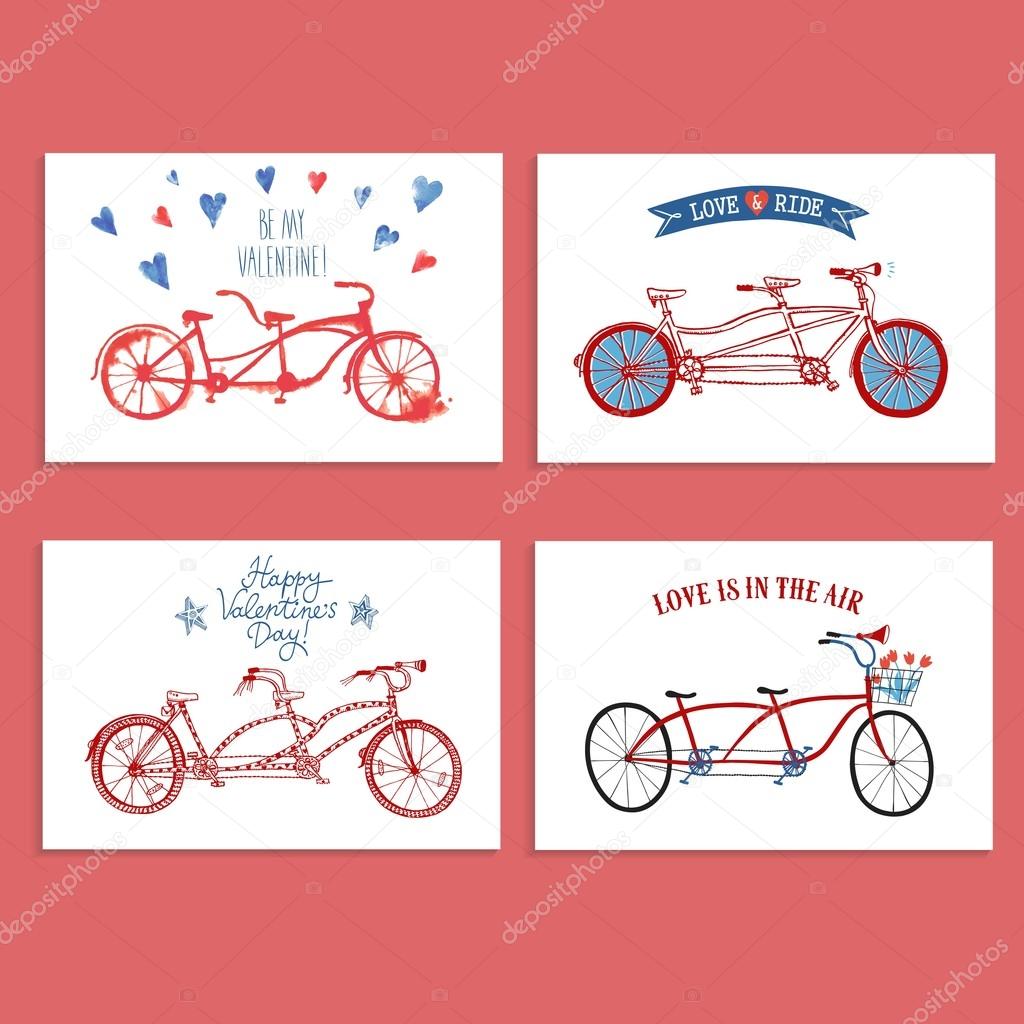 Tandem bicycle postcards set about love
