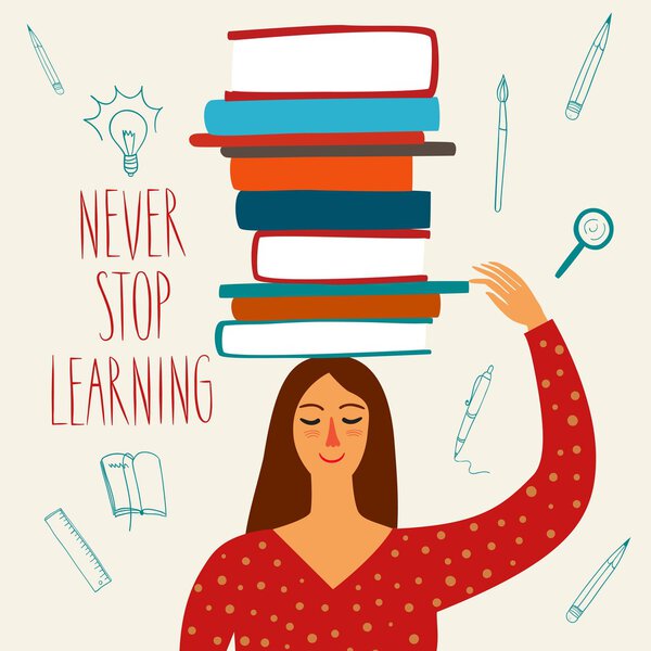 Милая женщина с книгами на голове
