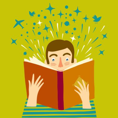 kitap okurken erkek illüstrasyon karikatür