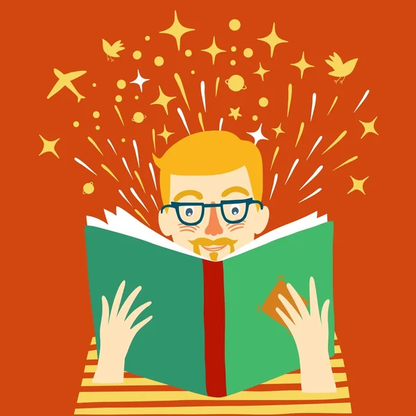 Niño leyendo un libro ilustración de dibujos animados — Vector de stock