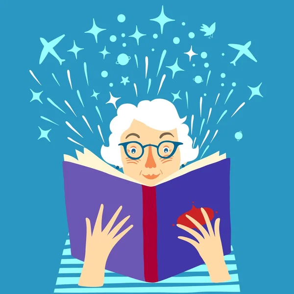 Lady leyendo un libro ilustración de dibujos animados — Vector de stock