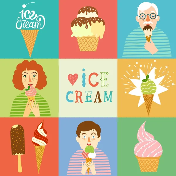Hand drawn ice cream set wit people. — Stock Vector