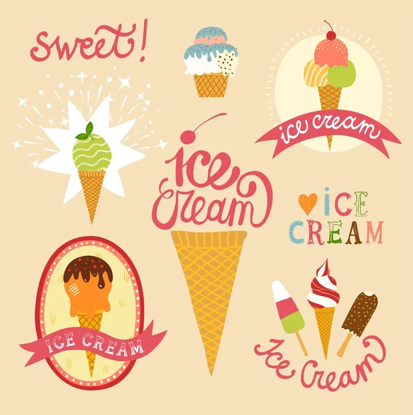 Hand drawn ice cream emblems set — Stock Vector