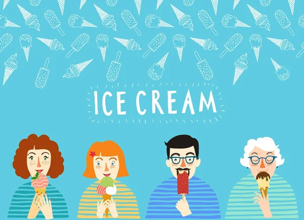 Hand drawn ice cream poster with people. — Stock Vector