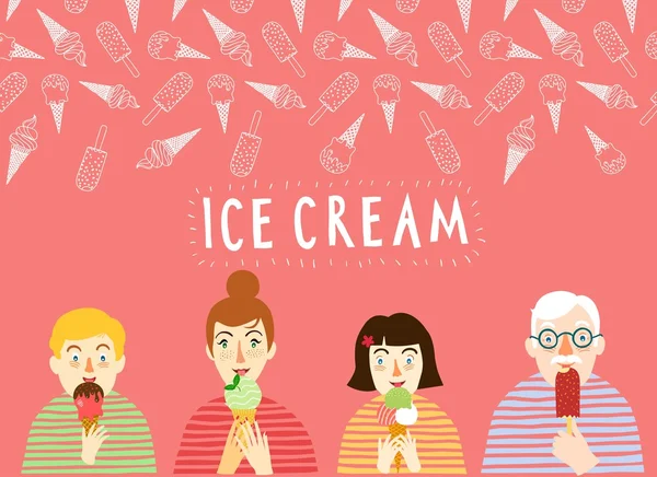Hand drawn ice cream poster with people. — Stock Vector