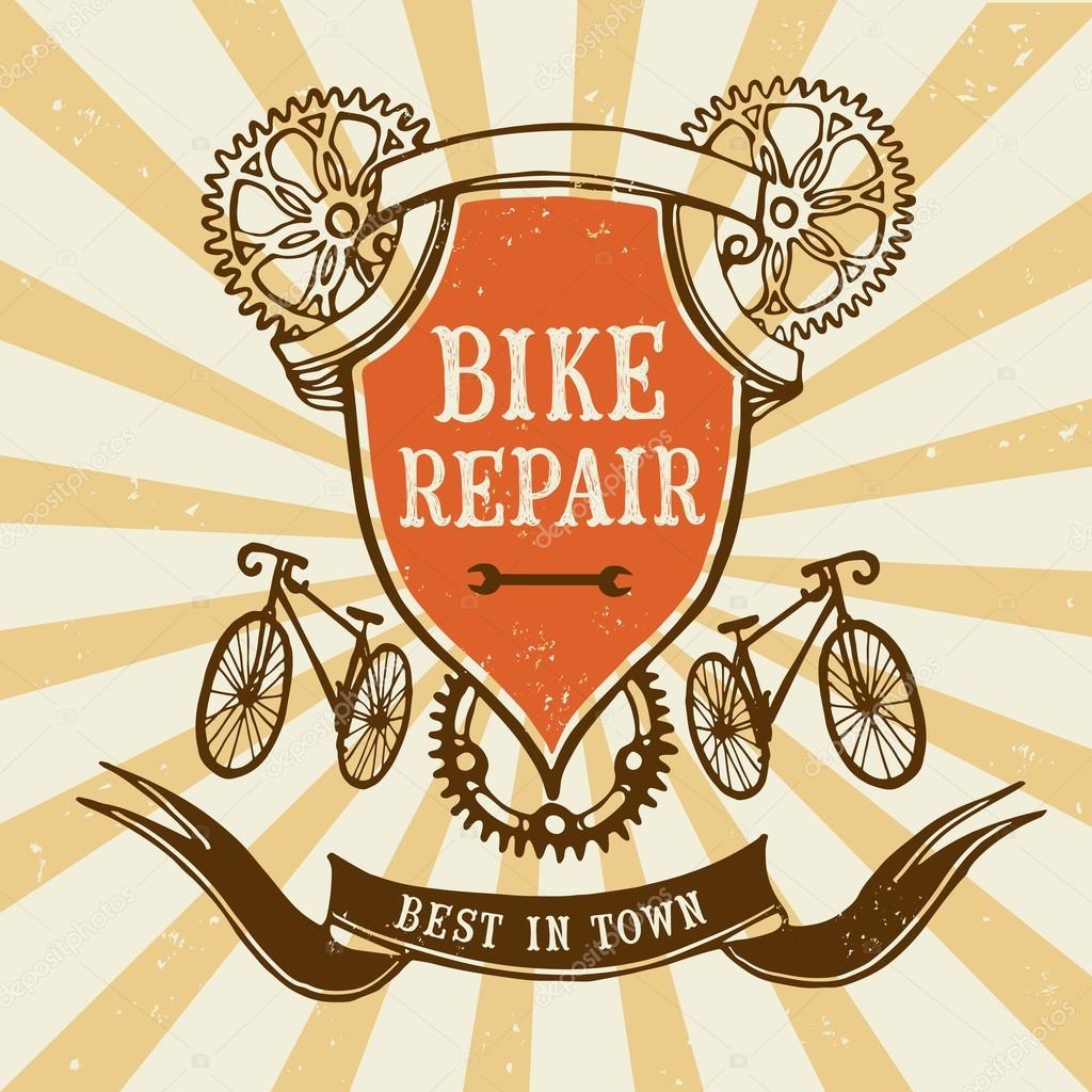 Vector hand drawn stylish vintage bicycle frame on old grunge background. Editable objects.Bike repair logo