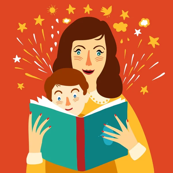 Μητέρα, διαβάζοντας ένα βιβλίο για την εικονογράφηση του παιδιού — Διανυσματικό Αρχείο