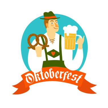 cartoon Bavarian man with beer and pretzel