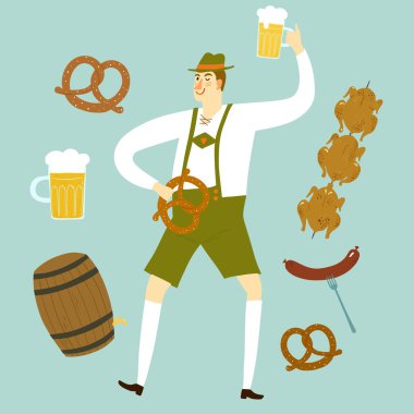 cartoon Bavarian man with beer and food
