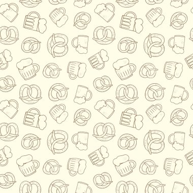  Hand drawn beer glasses and  pretzel  seamless pattern