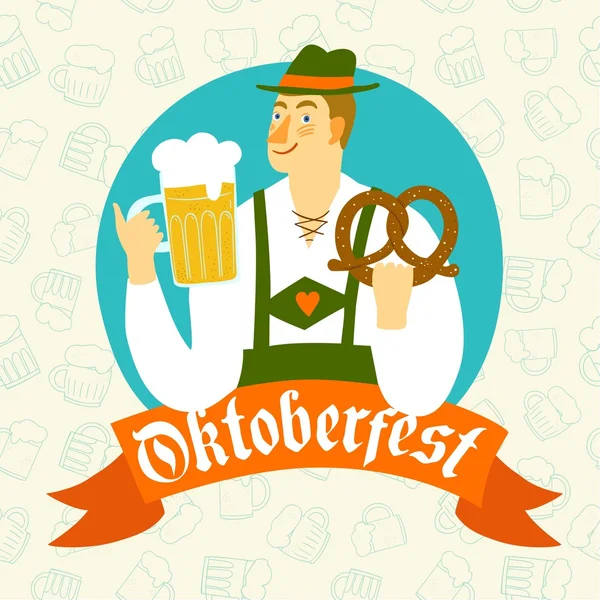 Cartoon Bavarian man with beer and pretzel — Stockvector