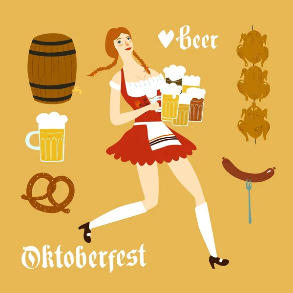 Dibujos animados mujer bávara con cerveza y comida — Vector de stock