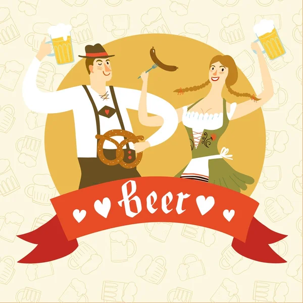 Cartoon Bavarian pair with beer and pretzel — Stock vektor