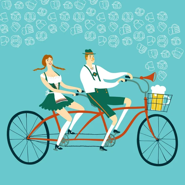 Cartoon Bavarian pair cyclist with beer — стоковий вектор