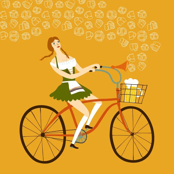 Caricatura bávaro señora ciclista con cerveza — Vector de stock